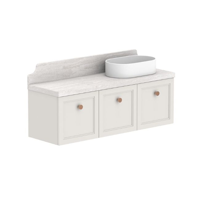 ADP Mabel wall hung vanity with pale Durasein benchtop, three shaker doors and round timber-look knobs, right basin view