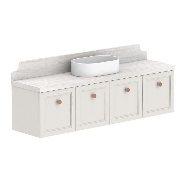 ADP Mabel wall hung ensuite vanity with light Durasein benchtop, curved splashback and four shaker-front doors in white