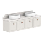 ADP Mabel wall hung ensuite vanity with Durasein benchtop, white double oval basins and four shaker front doors, angled view