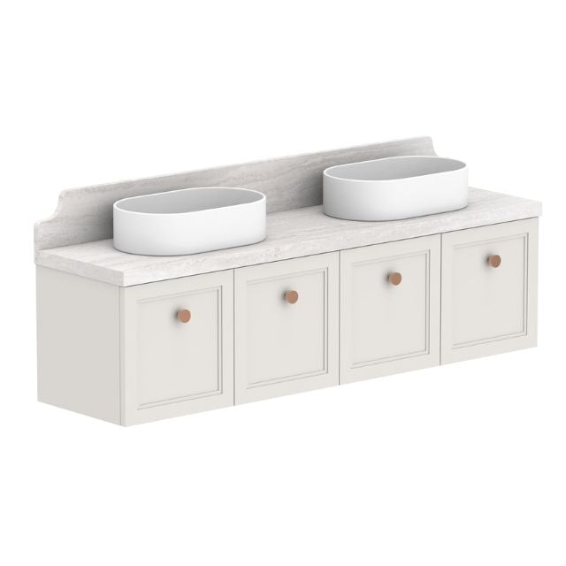 ADP Mabel wall hung ensuite vanity with Durasein benchtop, white double oval basins and four shaker front doors, angled view