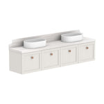 ADP Mabel wall hung vanity with white Durasein top, double oval basins and four shaker-front doors in a light neutral finish