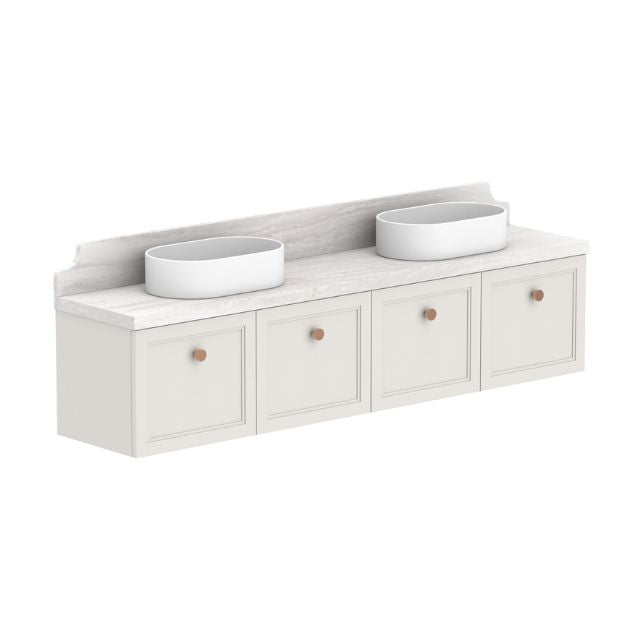 ADP Mabel wall hung vanity with white Durasein top, double oval basins and four shaker-front doors in a light neutral finish