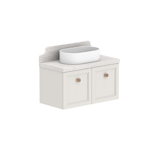 ADP Mabel wall hung ensuite vanity in light grey with Durasein benchtop, centre basin and double shaker fronts, 750mm, white oval basin