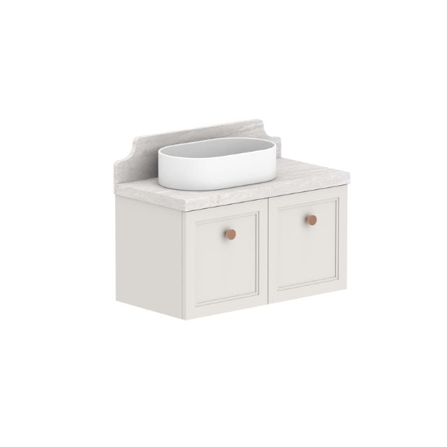ADP Mabel wall hung ensuite vanity with Durasein benchtop, two-door cabinet and round basin, in light neutral finish