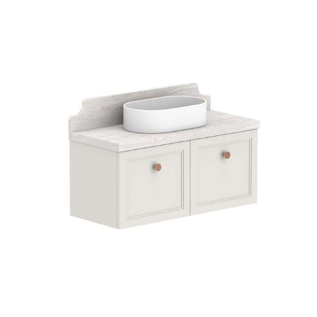 ADP Mabel wall hung ensuite vanity, white shaker-style 2-door cabinet with light stone benchtop and oval basin top view