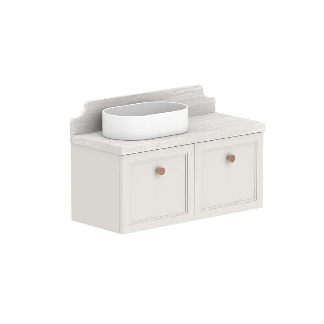 ADP Mabel wall hung ensuite vanity with Durasein benchtop, light grey shaker doors and round white basin, front view