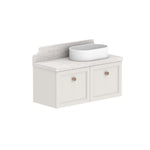ADP Mabel wall hung ensuite vanity, white shaker doors, pale benchtop and right basin, with backsplash and round basin