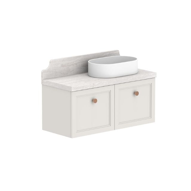 ADP Mabel wall hung ensuite vanity, white shaker doors, pale benchtop and right basin, with backsplash and round basin