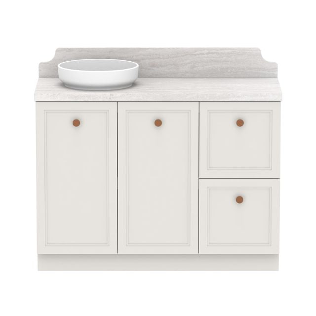 ADP Mabel floor standing vanity with Caesarstone top, white shaker doors and round knobs, 1200mm left basin view