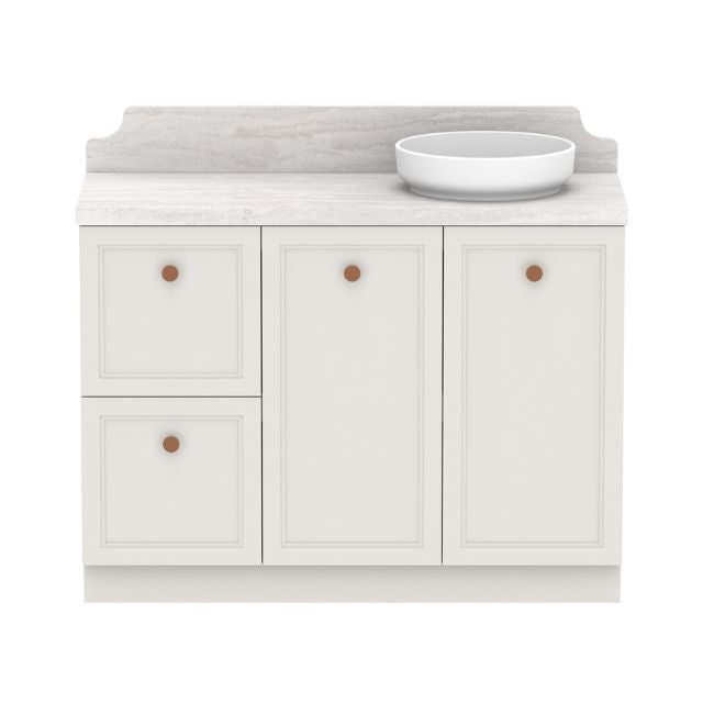 ADP Mabel floor standing vanity, white shaker-style cabinet with Caesarstone top and round basin, front view
