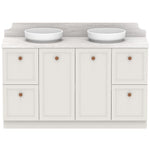 ADP Mabel floor standing vanity in white, with Caesarstone top, twin basins and copper round handles, front view
