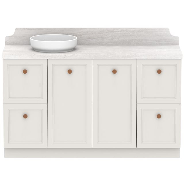 ADP Mabel floor standing vanity with Caesarstone top, white shaker doors and round basin, front view