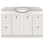ADP Mabel floor standing vanity with white Caesarstone top, shaker doors and round basin, front view in soft white finish