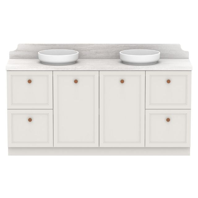 ADP Mabel floor standing vanity, white shaker-style cabinet with Caesarstone top and double basins, front view