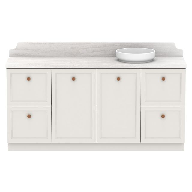 ADP Mabel white floor standing vanity with Caesarstone top, shaker fronts and round timber-look handles, 1800mm right basin layout