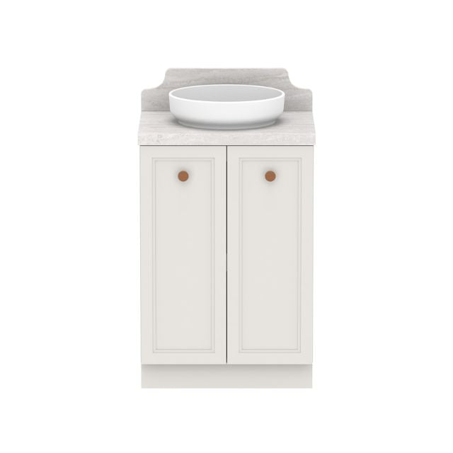 ADP Mabel floor standing vanity with Caesarstone top, white double-door cabinet and round basin, front view