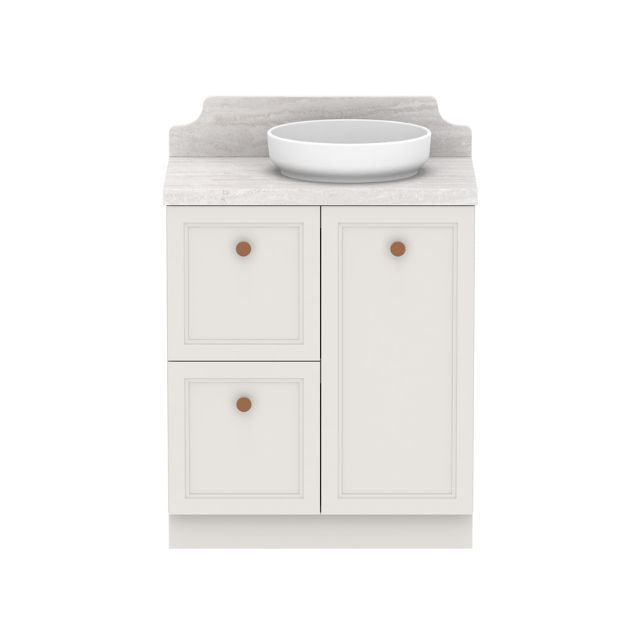 ADP Mabel floor standing vanity with Caesarstone top, white shaker doors, round basin, front view