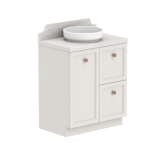 ADP Mabel floor standing vanity with Caesarstone top, white shaker cabinet, round basin and 3 drawers, front view