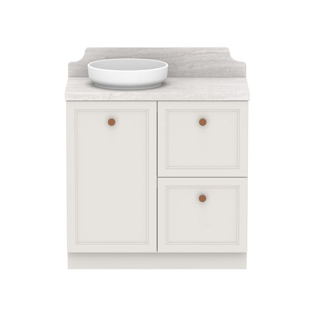 ADP Mabel floor standing vanity with Caesarstone top, white shaker cabinetry and round basin shown front on