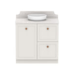 ADP Mabel floor standing vanity with Caesarstone top, white shaker front, round basin and wood-look splashback, front view