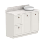 ADP Mabel floor standing vanity with light Durasein benchtop, shaker front in mixed white finish, bowl basin on top