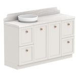 ADP Mabel floor standing vanity in white with light stone Durasein benchtop, bowl basin and timber-look handles