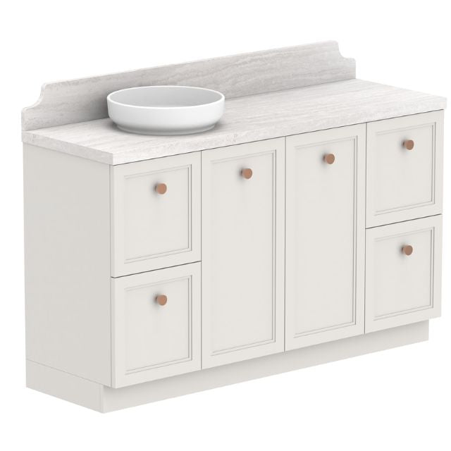ADP Mabel floor standing vanity in white with light stone Durasein benchtop, bowl basin and timber-look handles