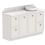 ADP Mabel floor standing vanity, white shaker fronts with light stone-look benchtop and round basin, angled view