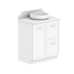 ADP Mabel floor standing vanity in white with light stone-look Durasein top, wall-mounted basin and shaker doors