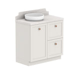 ADP Mabel floor standing vanity with light benchtop, curved splashback, white basin and two drawers plus door, angled view