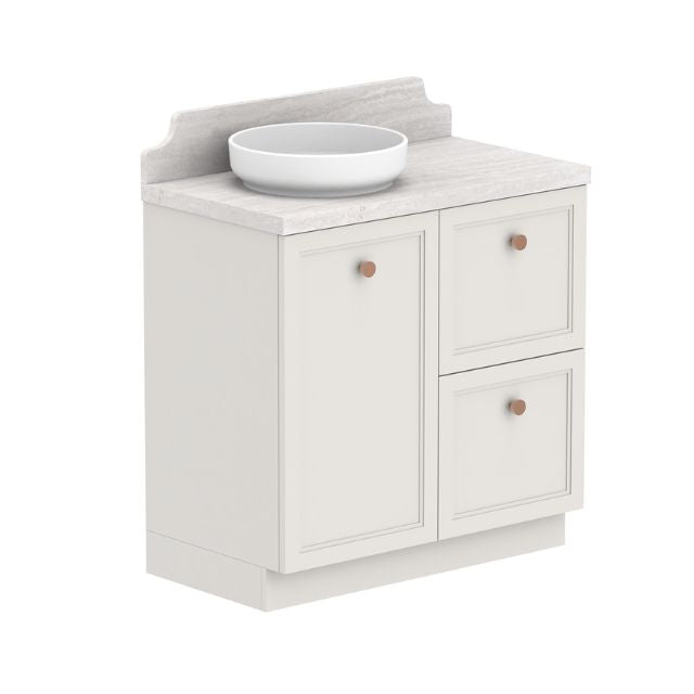 ADP Mabel floor standing vanity with light benchtop, curved splashback, white basin and two drawers plus door, angled view