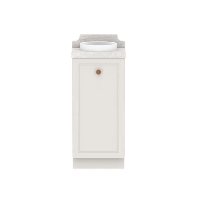 ADP Mabel Mini freestanding vanity, white shaker cabinet with Cherry Pie benchtop and round basin, front view