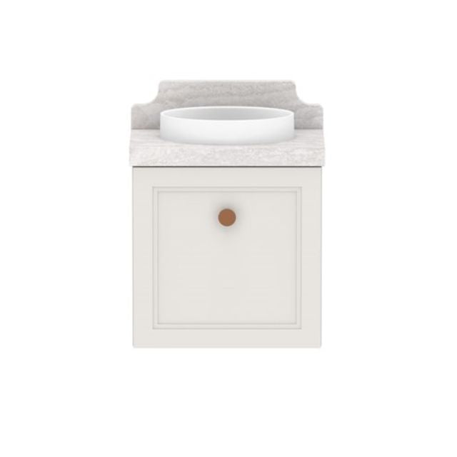 ADP Mabel Mini wall hung vanity, white shaker door, Cherry Pie benchtop and round basin, front view