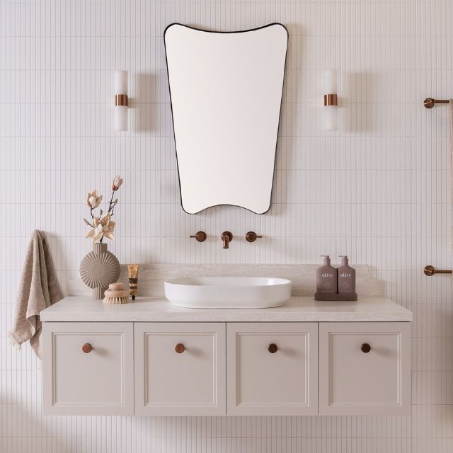ADP Mabel wall hung vanity with Cherry Pie benchtop, feather grey finish, below-wall bathroom vanity with white basin in lifestyle setting
