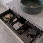 ADP Madden wall hung vanity drawer detail with Caesarstone benchtop, grey and white finish, top drawer organisers visible