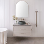 ADP Madden wall hung vanity in white with Caesarstone benchtop, twin drawers and round vessel basin in a modern bathroom
