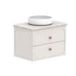 ADP Madden wall hung vanity in white with Caesarstone top and round basin, shown front three-quarter view with two drawers