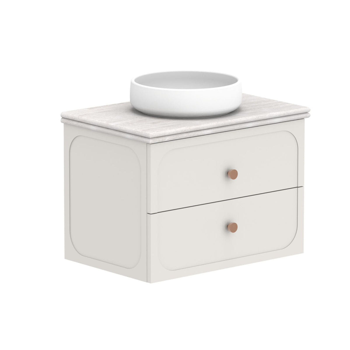 ADP Madden wall hung vanity in white with Caesarstone top and round basin, shown front three-quarter view with two drawers