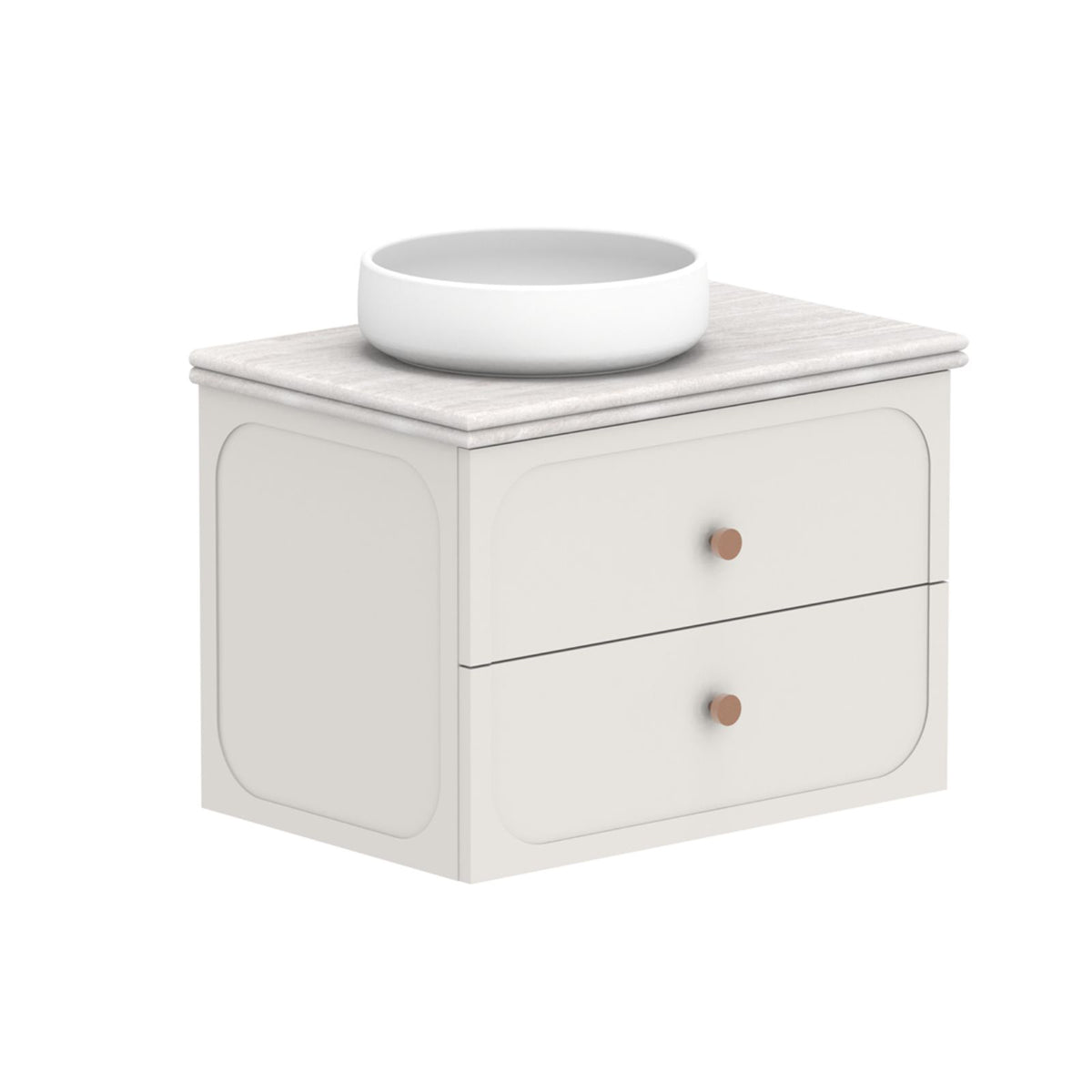 ADP Madden wall hung vanity with Caesarstone benchtop, white cabinet, round vessel basin and two drawers in front view