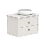 ADP Madden wall hung vanity, white with Caesarstone benchtop, twin drawers and round above-counter basin in a front view