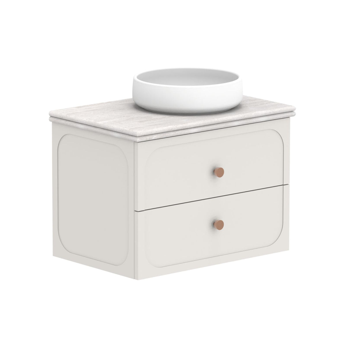 ADP Madden wall hung vanity, white with Caesarstone benchtop, twin drawers and round above-counter basin in a front view