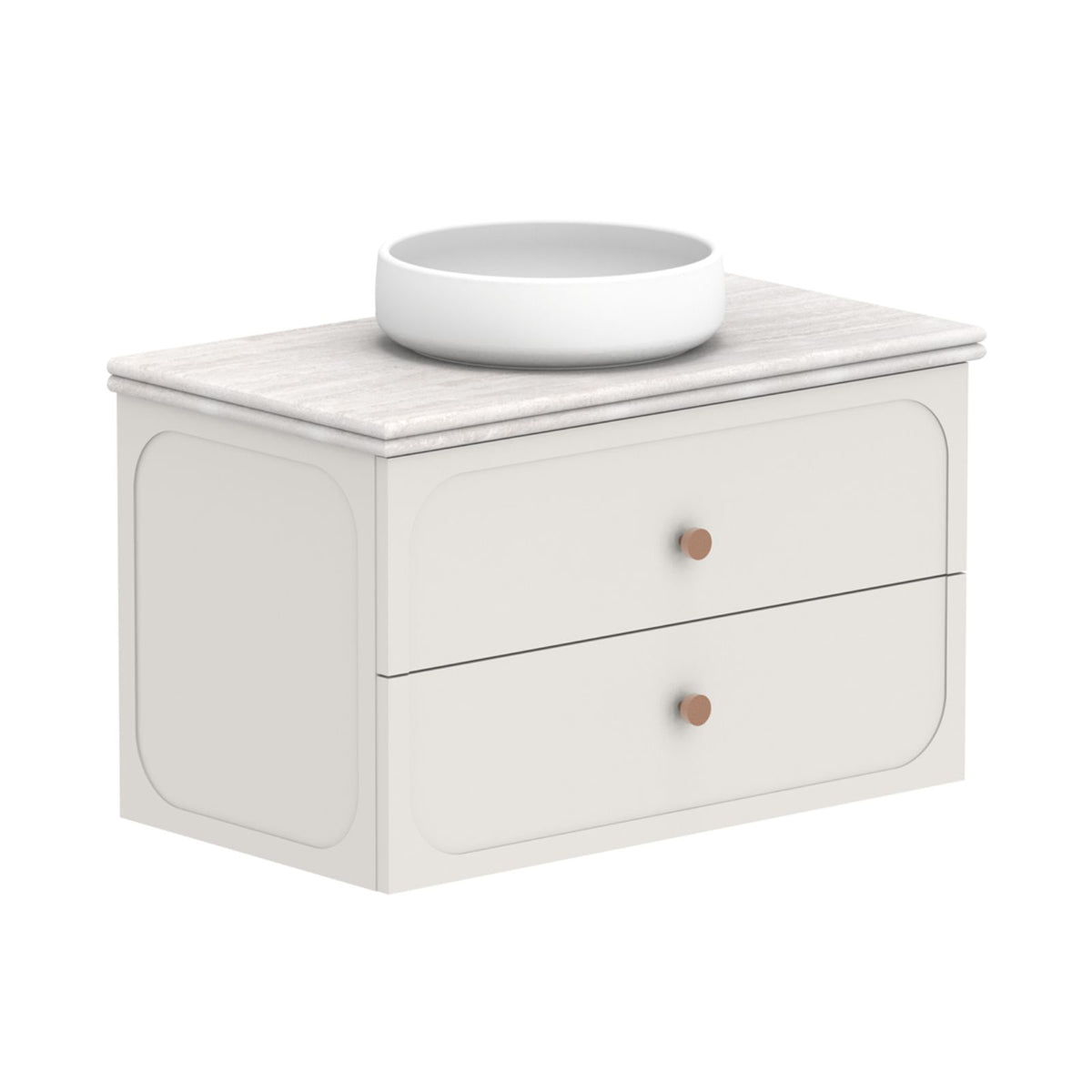 ADP Madden wall hung vanity with Caesarstone benchtop, white finish, twin drawers and round bowl basin in 3/4 view
