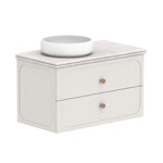 ADP Madden wall hung vanity with Caesarstone benchtop, white cabinet, rounded corners and double drawers with bowl on top