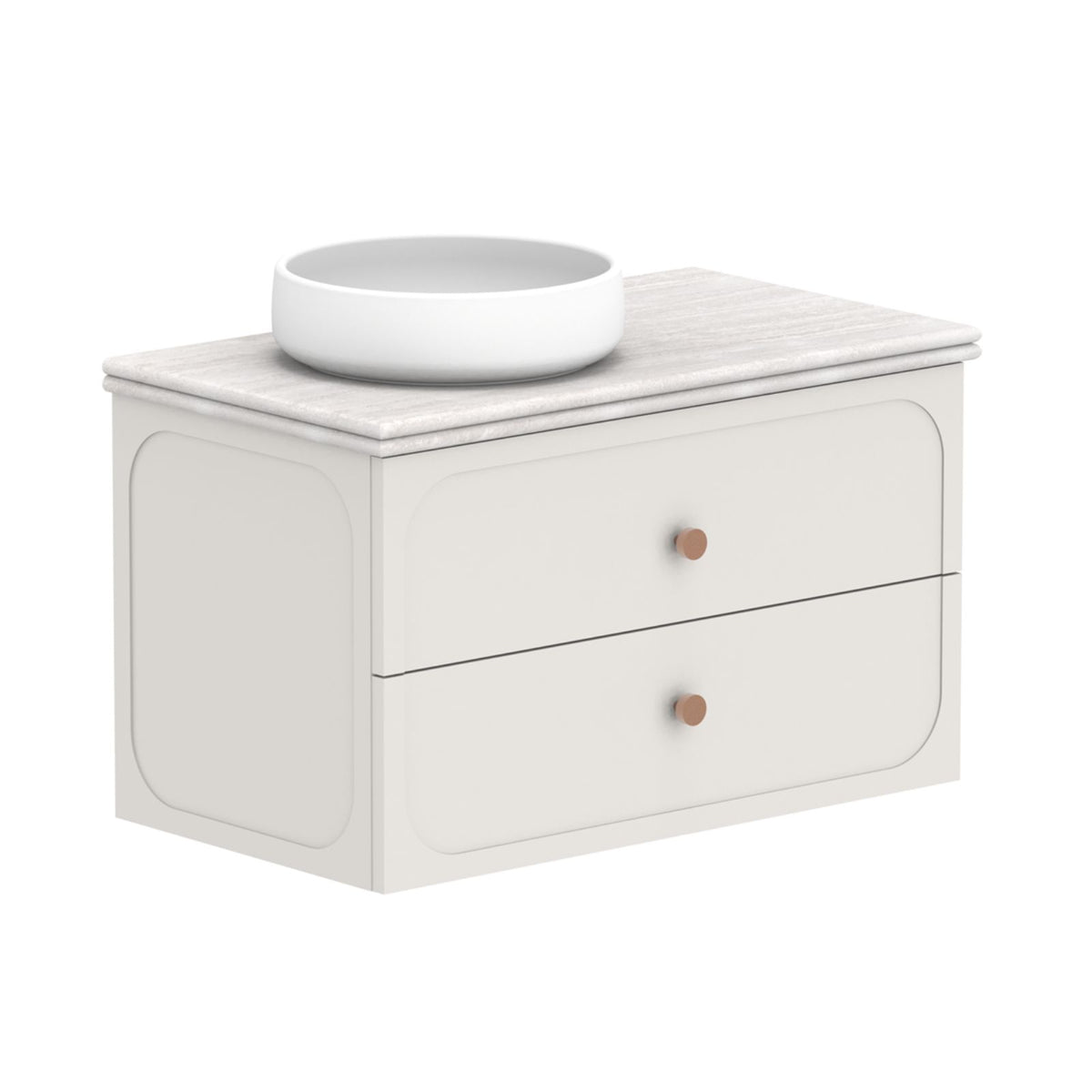 ADP Madden wall hung vanity with Caesarstone benchtop, white cabinet, rounded corners and double drawers with bowl on top