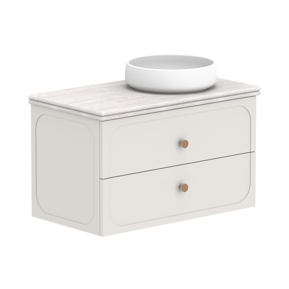 ADP Madden wall hung vanity in white with Caesarstone benchtop, twin drawers, rounded profile and round vessel basin