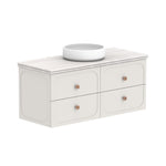 ADP Madden wall hung vanity with Caesarstone benchtop, white four-drawer cabinet, round bowl basin, front angle