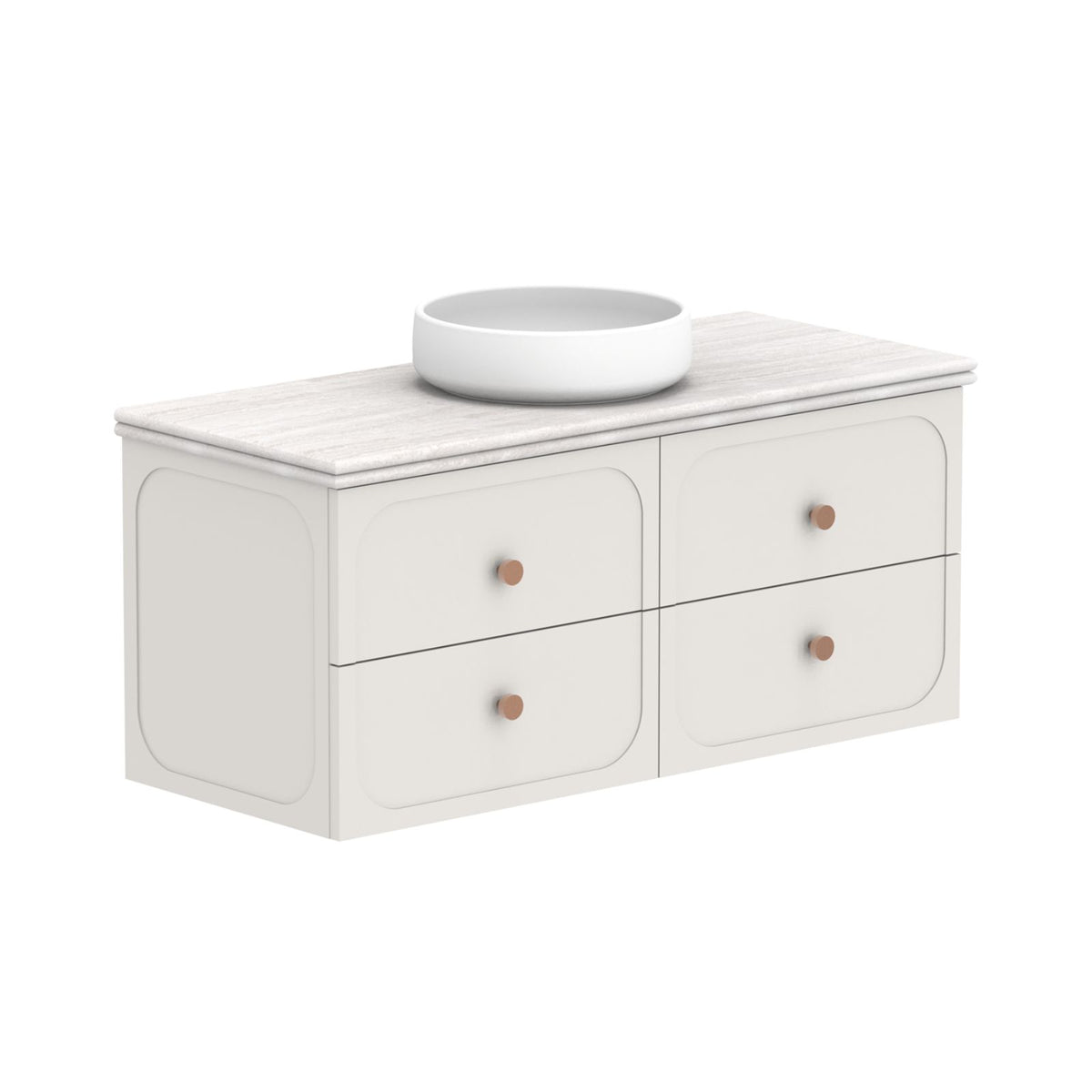 ADP Madden wall hung vanity with Caesarstone benchtop, white four-drawer cabinet, round bowl basin, front angle