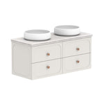 ADP Madden wall hung vanity, white with Caesarstone benchtop, twin basins and round copper knobs