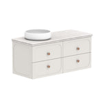 ADP Madden wall hung vanity in white with Caesarstone benchtop, twin drawers and round knobs, shown with vessel basin