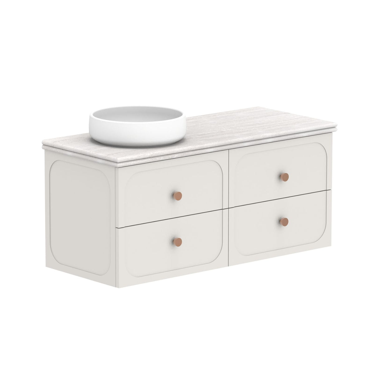 ADP Madden wall hung vanity in white with Caesarstone benchtop, twin drawers and round knobs, shown with vessel basin